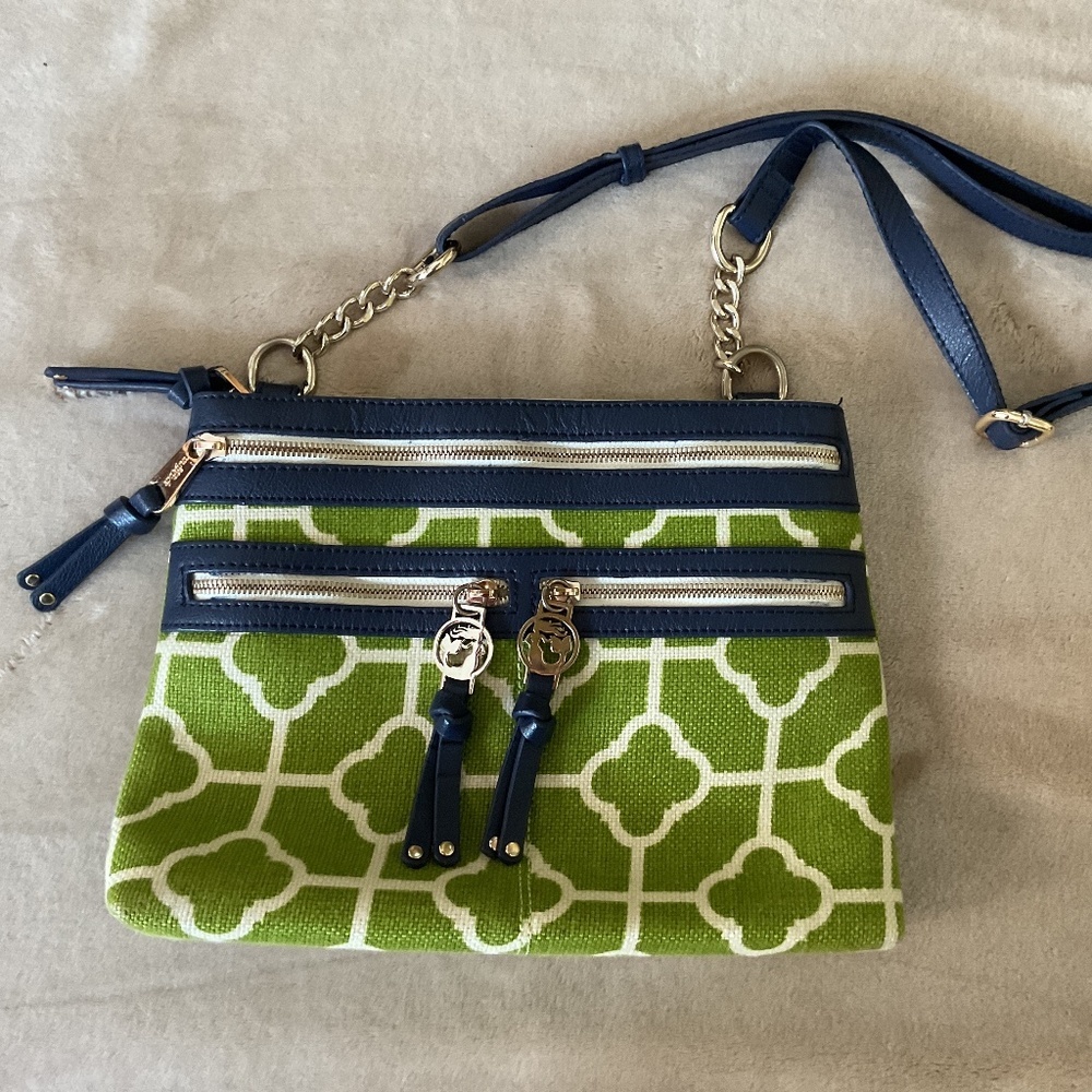 spartina 449 Green Blue Signature Linen and Leather Martinangel Pattern Purse.